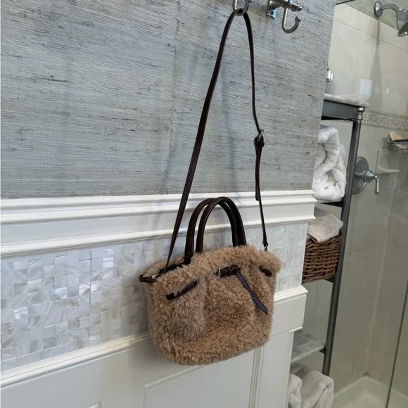 New Anthropologie Sherpa belted tote bag crossbody purse tan brown satchel - Picture 5 of 15